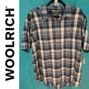 BNWT Woolrich Blue Grey Plaid Buttoned Short Sleeve Shirt